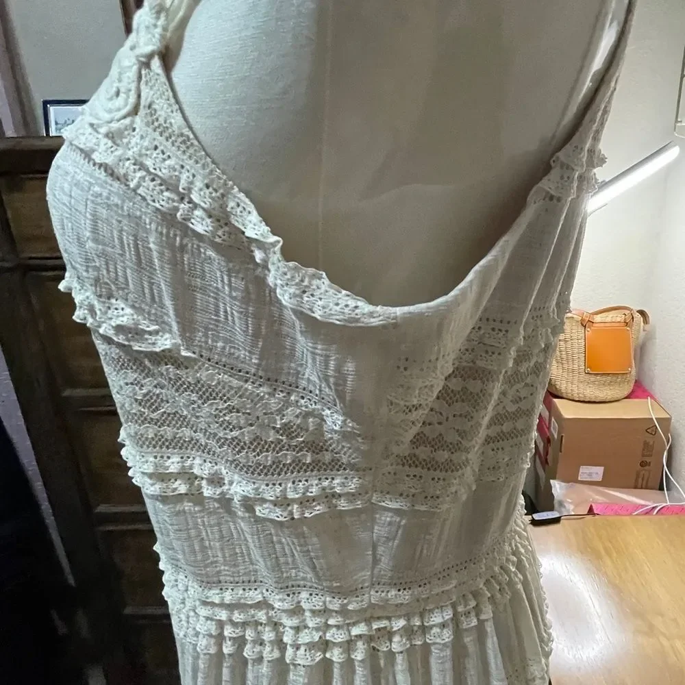 Eliza J Creme Crochet Lace Maxi Dress Women Sz 6 Tiered Lined Cottagecore Boho